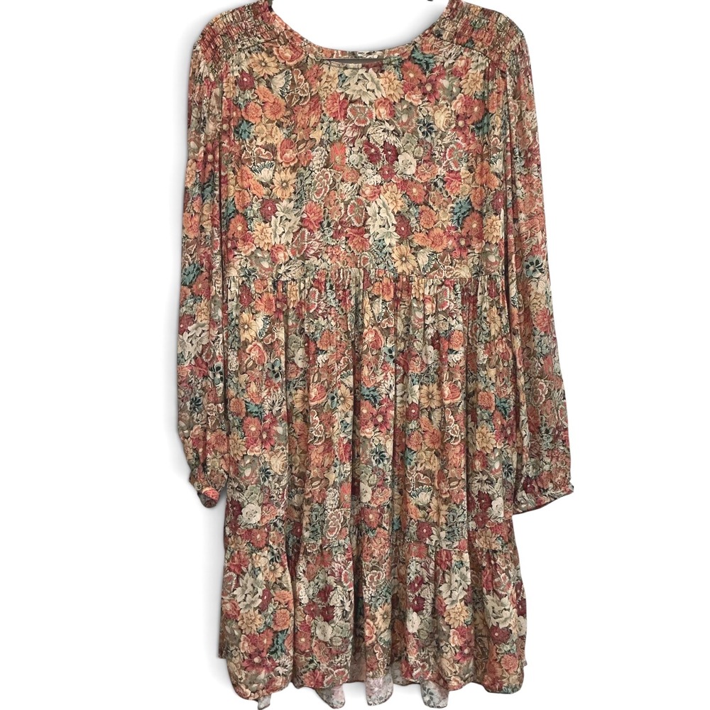 Peruvian Connection Floral Tunic Dress M Tapestry Print Smocked Peasant